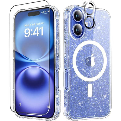 Entronix Case for Iphone 16, Plus, Pro Max, Magnetic Clear Glitter Cover, Clear Camera Lens & Tempered Glass Screen Protector, Accessories Transparent